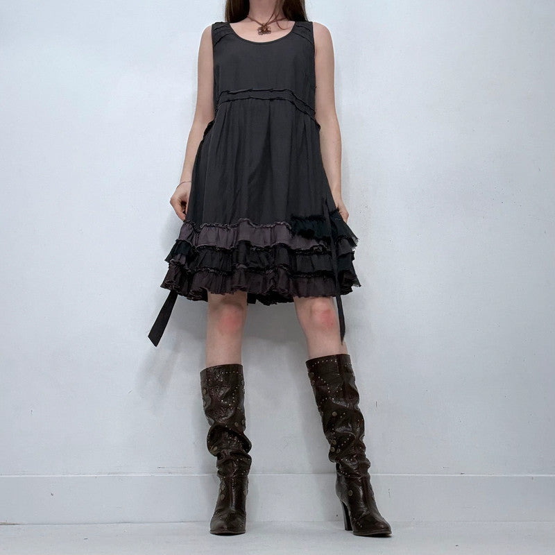 grunge ruffle flared puff midi dress