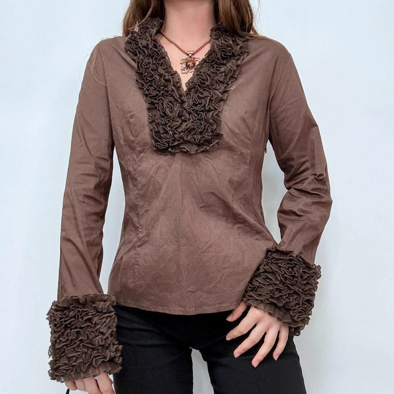 brown ruffle flared shirt