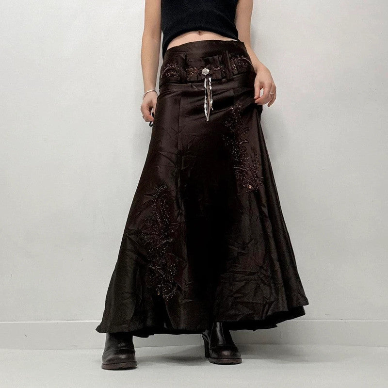 brown flared satin maxi skirt