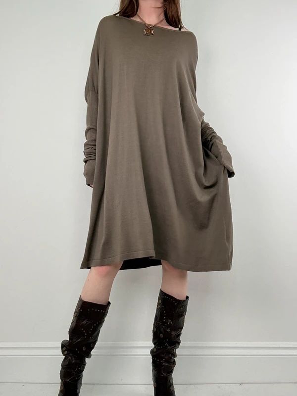 khaki batwing slouchy long sleeve dress