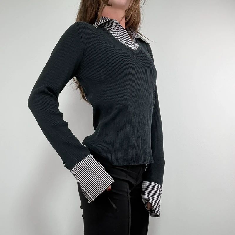 black ribbed knit layered shirt jumper