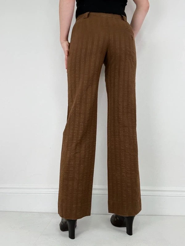 brown pinstripe wide-leg textured flare trousers