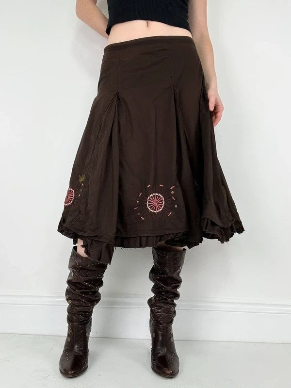 Brown cotton pleated flare boho floral skirt