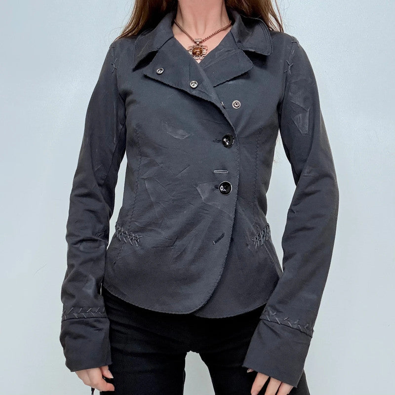 black distressed asymmetric military button jacket