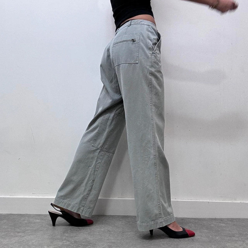 wide leg flared khaki distressed utility trousers