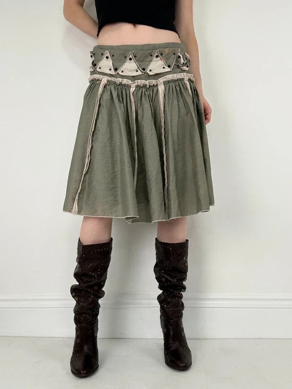 khaki pleated drop waist midi skirt