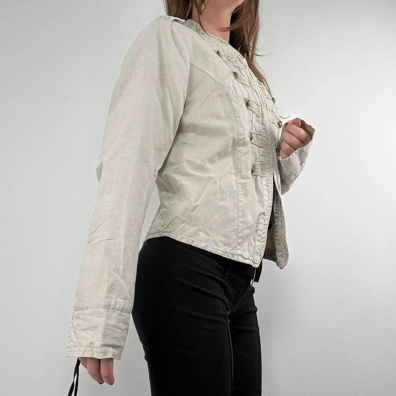 cotton khaki distressed button military jacket