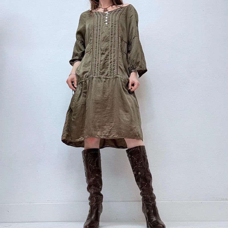 khaki silk lace boho dress