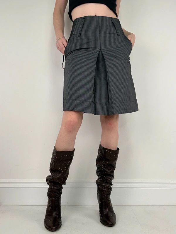 grey pinstripe flared pleated midi skirt