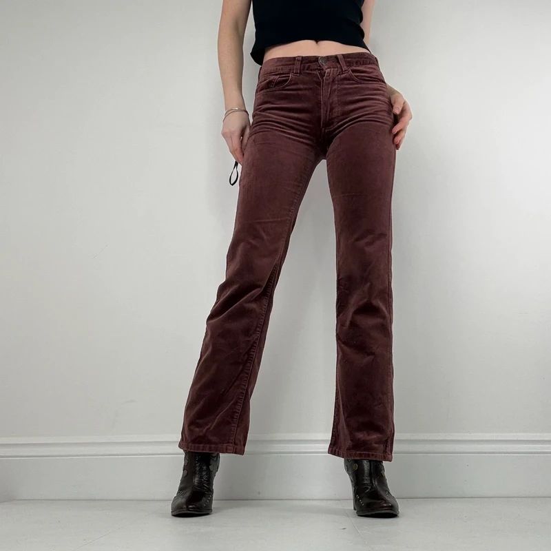 burgundy flared leg velour trousers