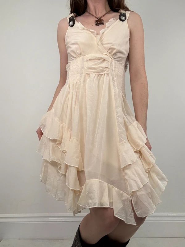 cream layered ruffle cotton silk summer mini dress