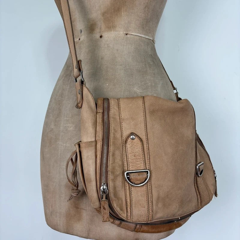 Tan distressed leather zip city crossbody D-ring bag