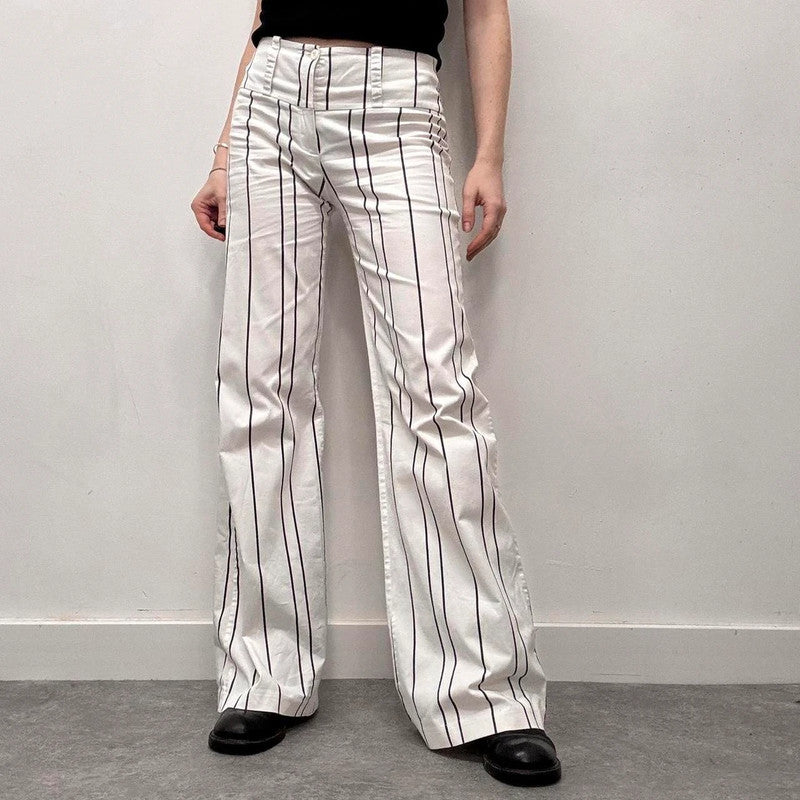 white pinstripe flared suit pants