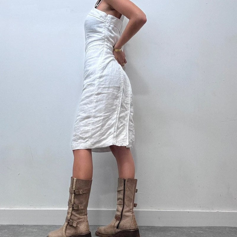 white linen fitted midi dress