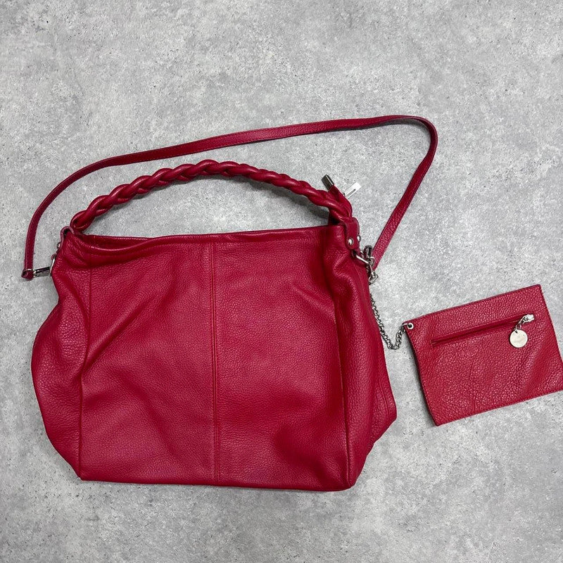 red leather slouchy woven bag