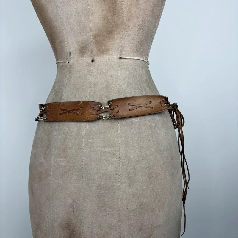 Boho tan leather belt with gold chain and tassel suede