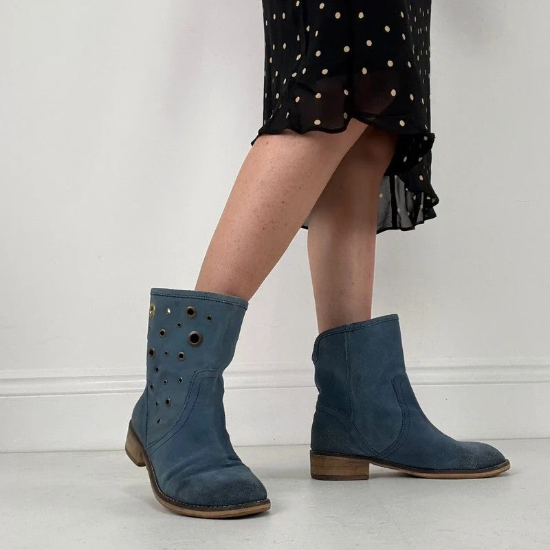Blue suede studded eyelet ankle boots