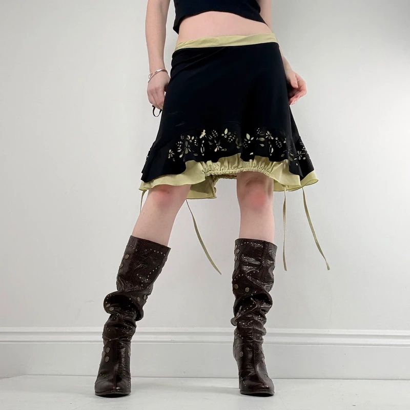black layered cinched asymmetric midi skirt