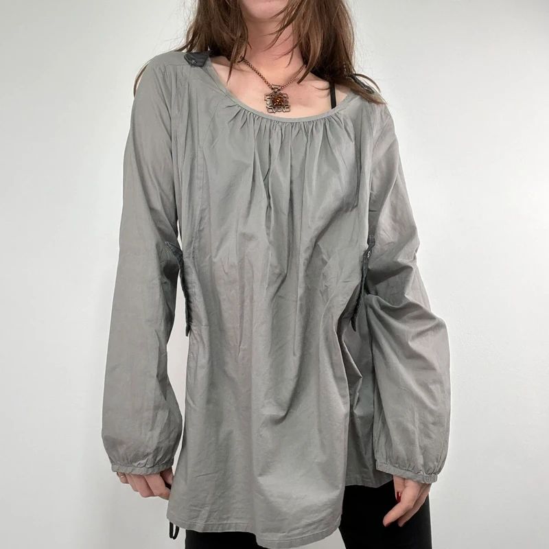 utility khaki pleated blouse with harness braces