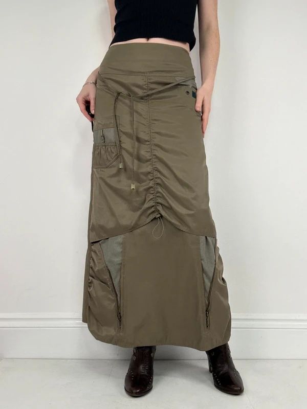 khaki utility gathered maxi skirt