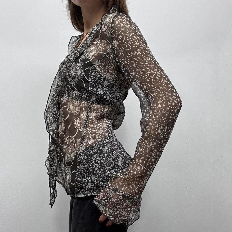 sheer paisley printed brown fairy shirt