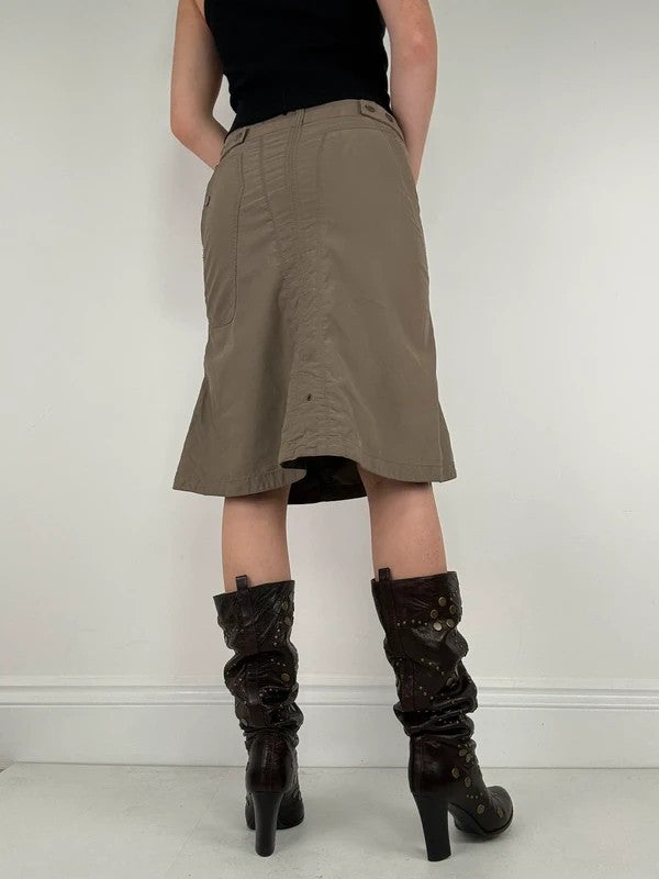 Khaki cotton cargo canvas a-line midi skirt