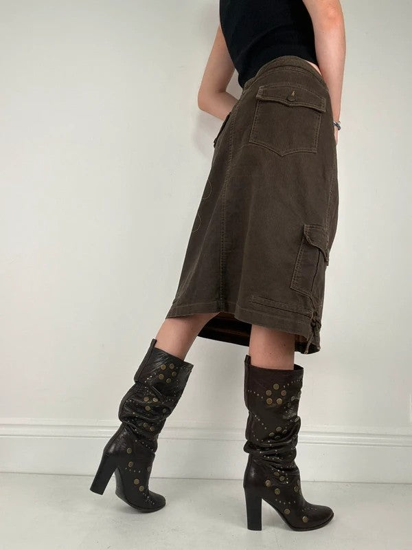 brown khaki pinstripe a-line midi skirt