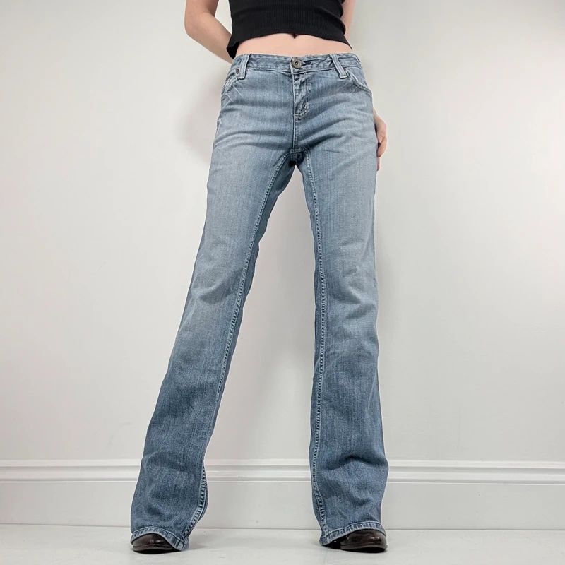 distressed flared leg low rise jeans