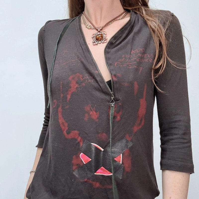 asymmetric zip print grunge t-shirt