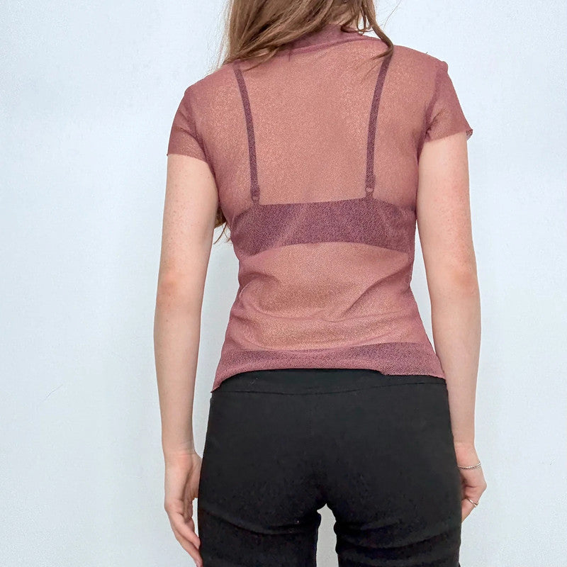 pink sheer mesh button shirt
