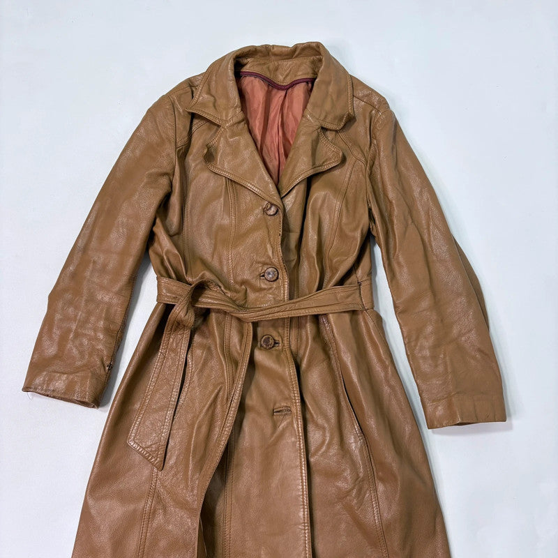 tan leather long trench coat