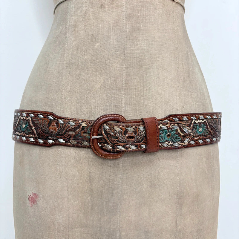 Western engraved brown leather boho belt