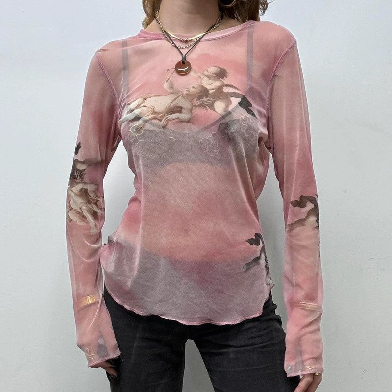 sheer pink graphic print angel t-shirt