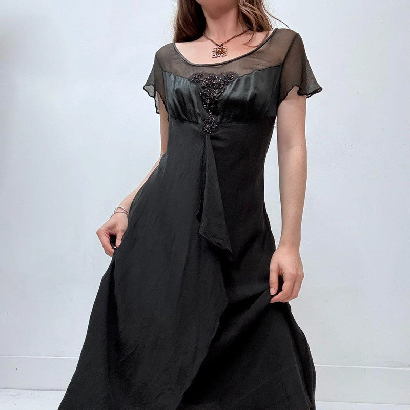 black flutter draped midi silk dress