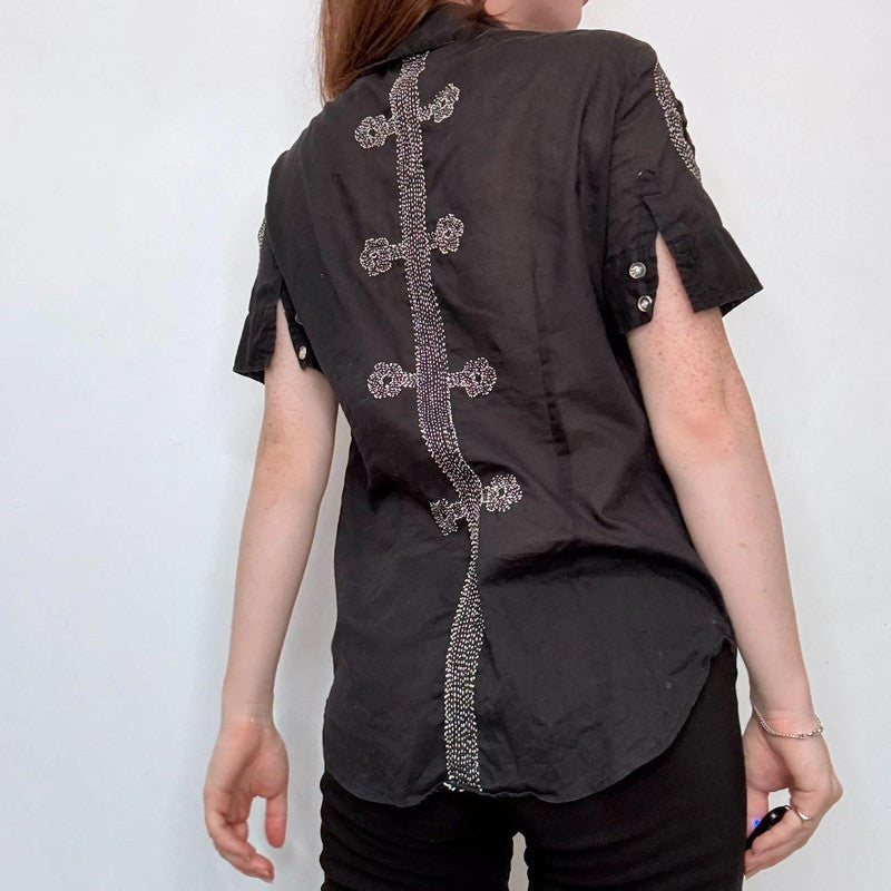 black embroidered stitched button shirt