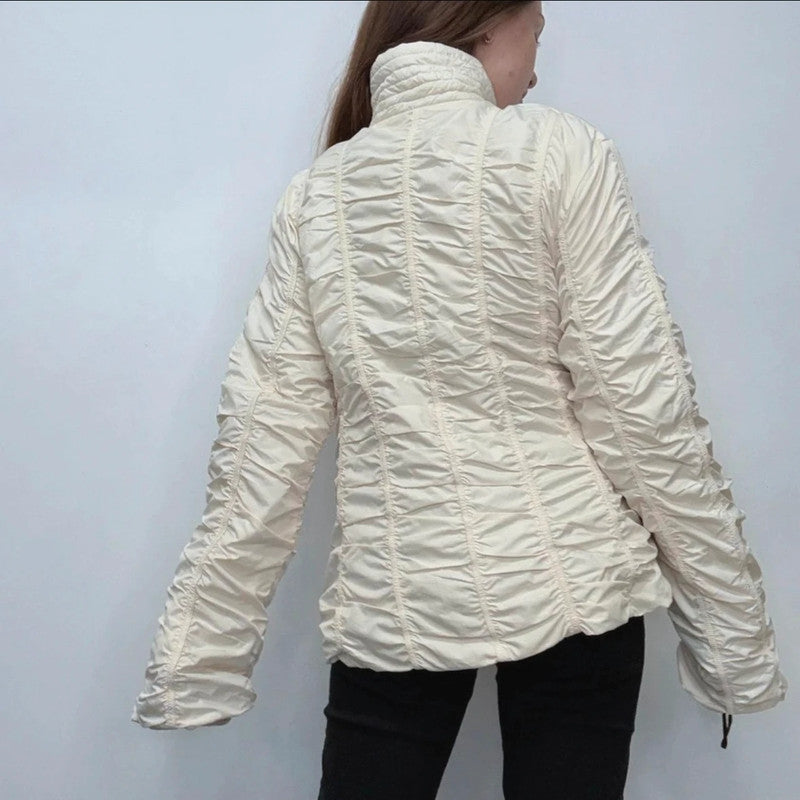 Pleated gathered cinched cream puffer jacket