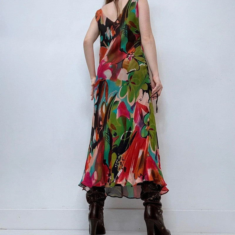 graphic patterned bias cut maxi dress
