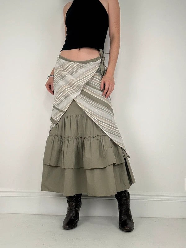 khaki layered pleated ruffle cotton maxi skirt