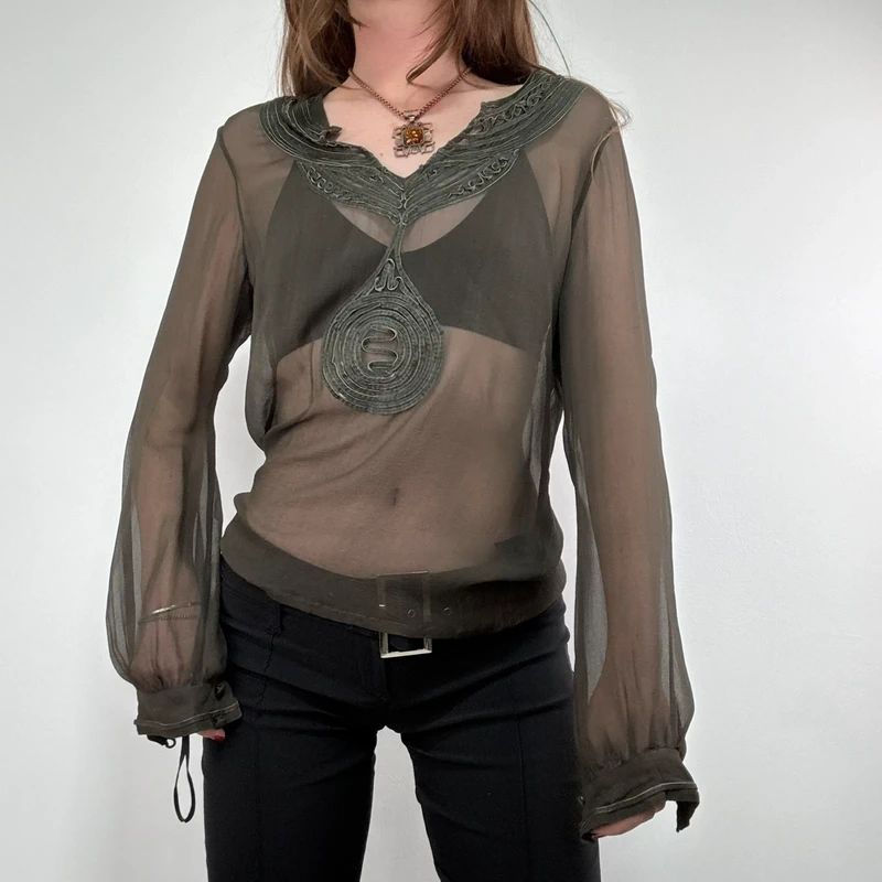 Antik Batik khaki sheer silk blouse