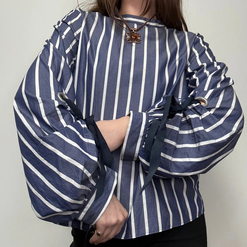 Navy striped balloon puff sleeve shirt