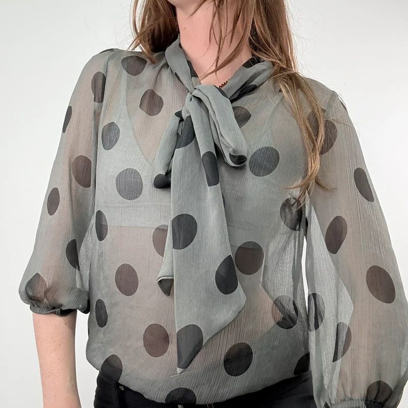 grey polkadot bow blouse