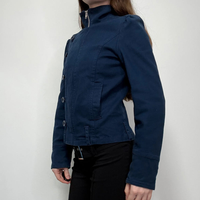 blue asymmetric button military jacket