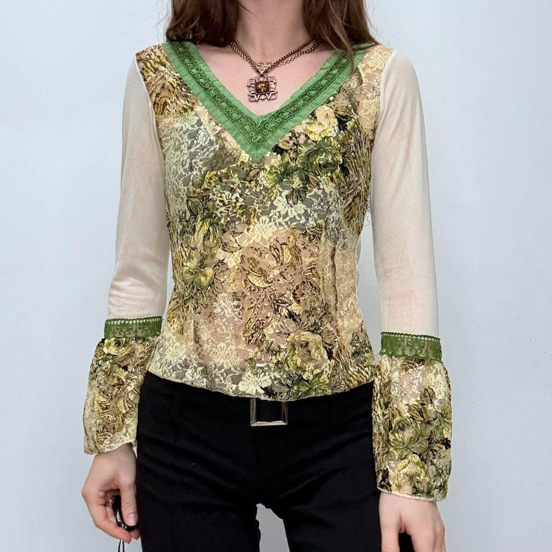 khaki flared lace boho shirt