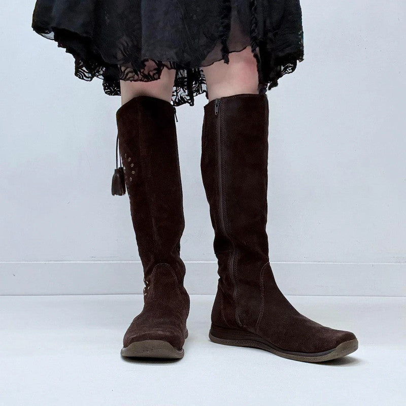 brown suede stitch hippy boots