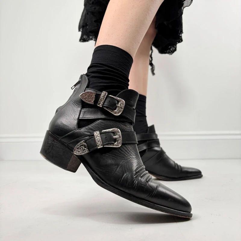 The Kooples black leather buckle western boho boots