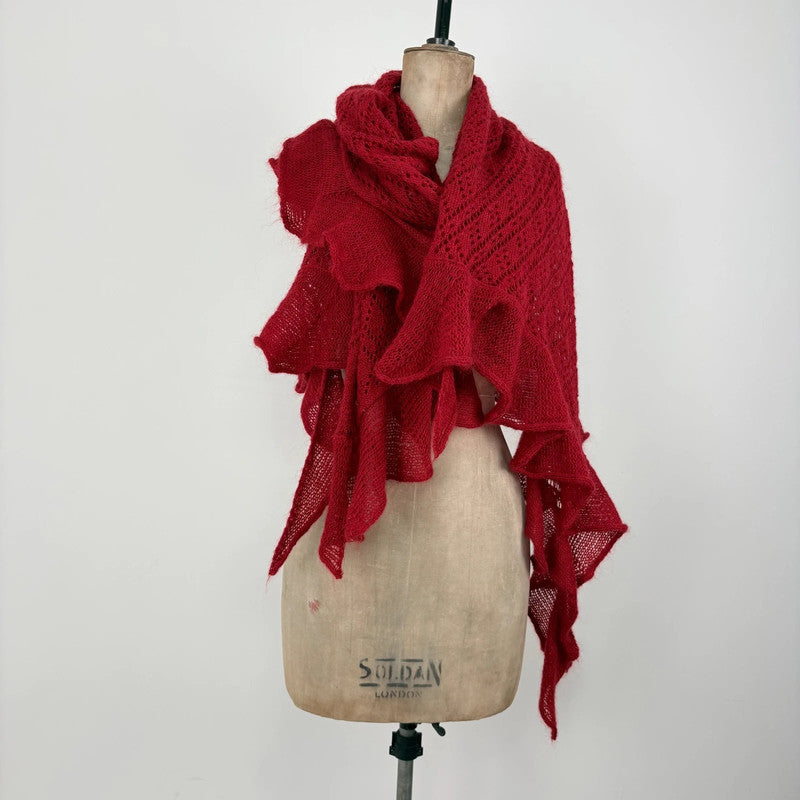 red mohair pointelle wool scarf