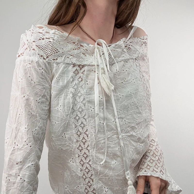 white lace embroidered off the shoulder lace blouse