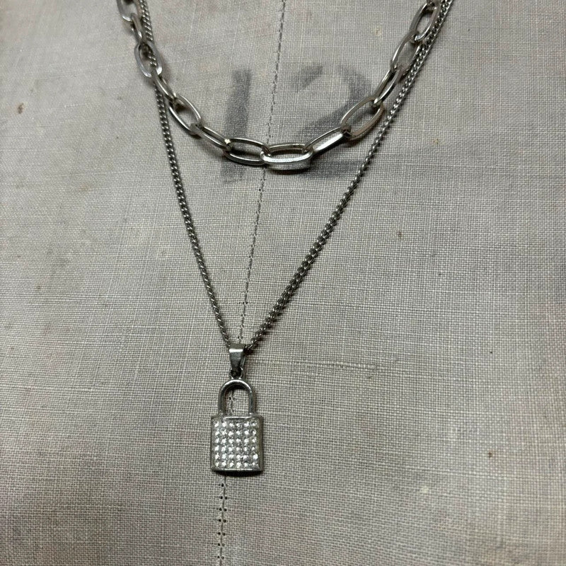Layered silver padlock necklace