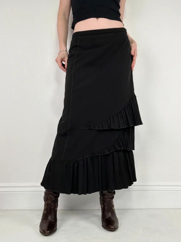 black asymmetric pleated ruffle maxi skirt