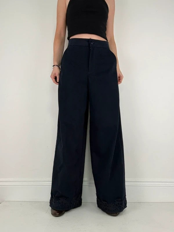 navy ultra wide leg lace hem trousers